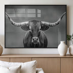 Texas Longhorn Wall Art Canvas Print, Framed Western Bull Photography, Rustic Log Cabin Decor