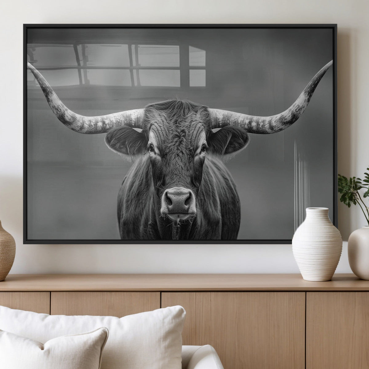 Texas Longhorn Wall Art Canvas Print, Framed Western Bull Photography, Rustic Log Cabin Decor