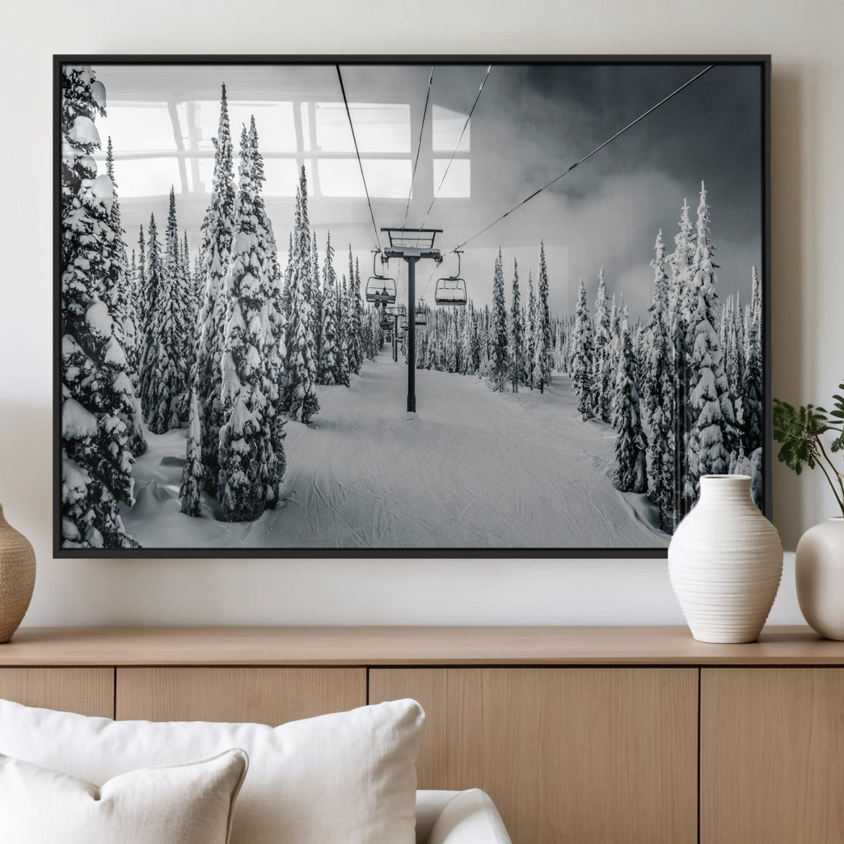 Snowy Pines Wall Art Canvas Print | Ski Lift in a Winter Forest