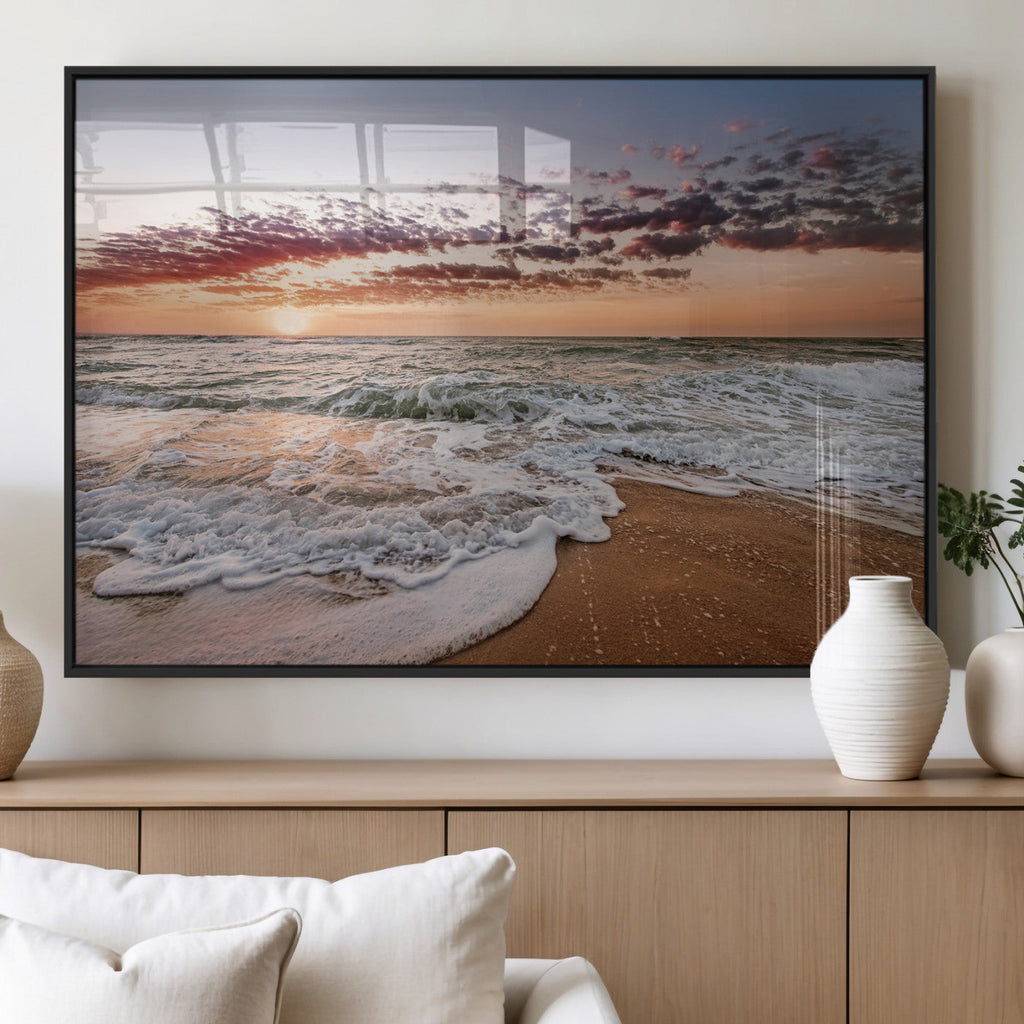 Ocean Sunset Wall Art Canvas Print | Sandy Shore and Gentle Waves