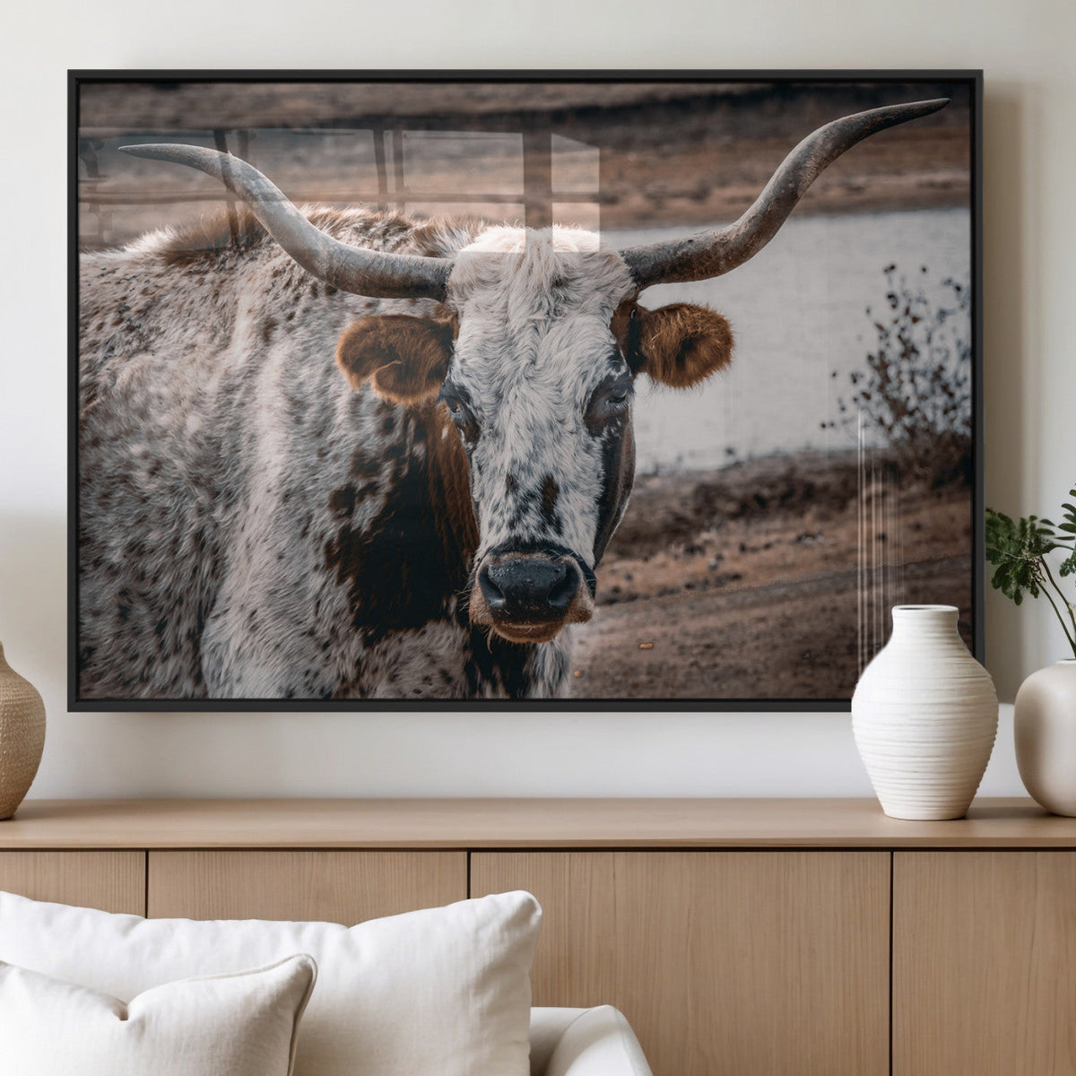 Texas Longhorn Wall Art Canvas Print | Framed Brown and White Spotted Longhorn