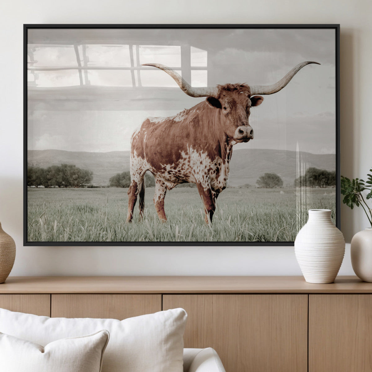 Texas Longhorn Wall Art | Framed Spotted Cattle Canvas