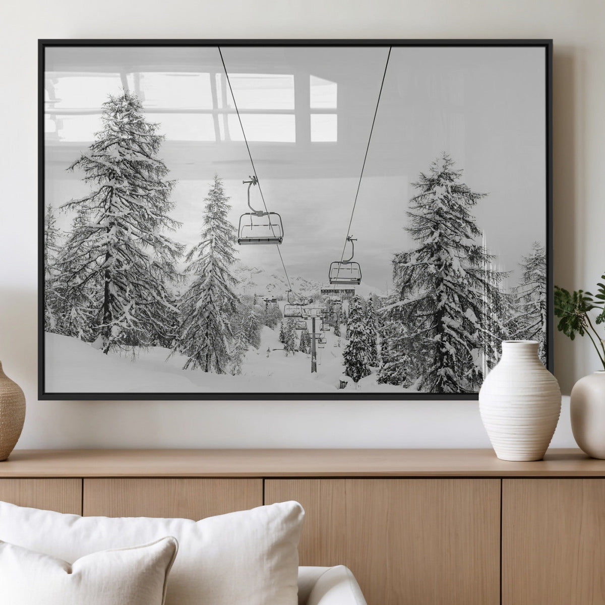 Snowy Ski Lift Wall Art | Framed Winter Forest Canvas