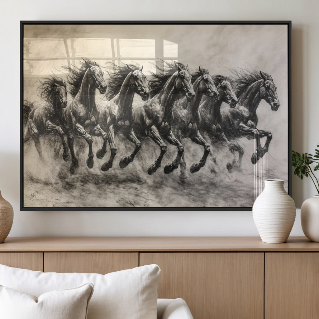 Running Horses Wall Art Canvas Print, Framed Monochrome Galloping Herd Sketch