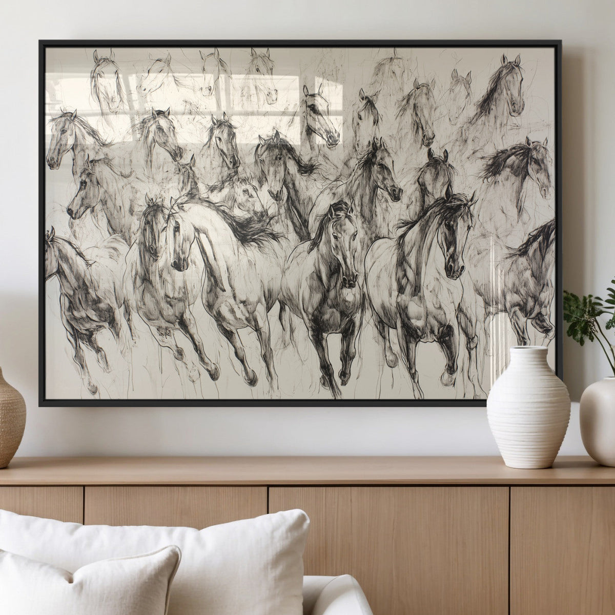 Abstract Horse Wall Art Canvas Print, Framed Horse Sketch with Galloping Herd