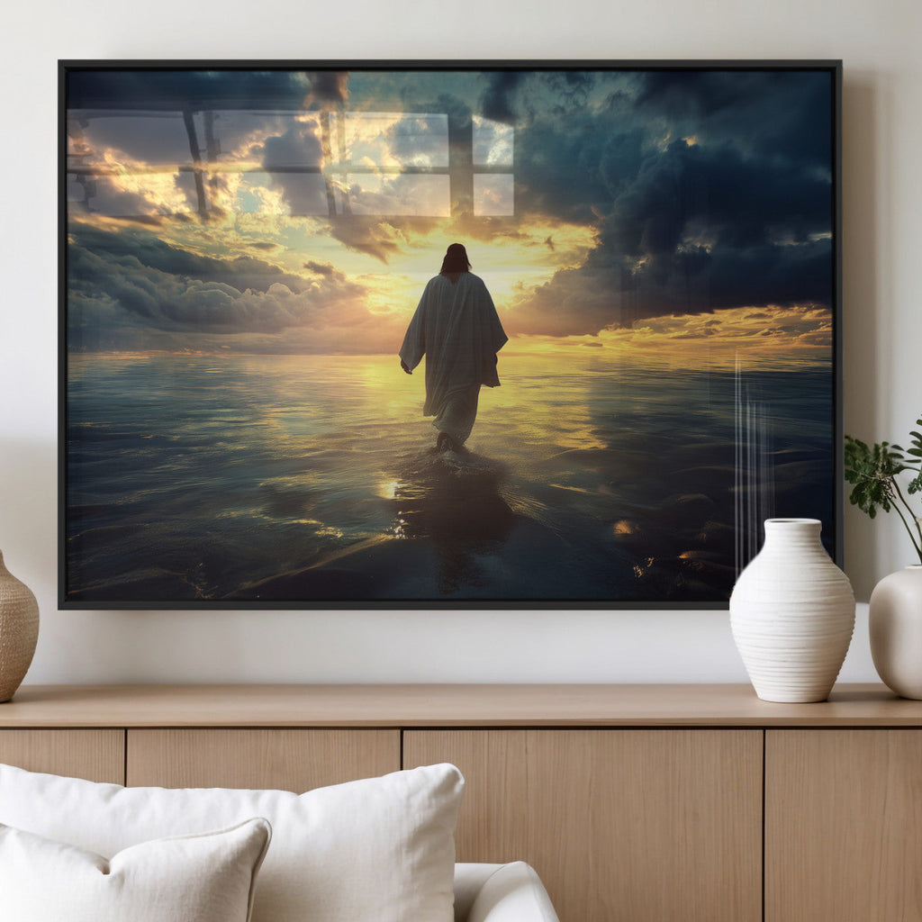 Jesus Walks Wall Art Canvas Print Framed Divine Sunset Art