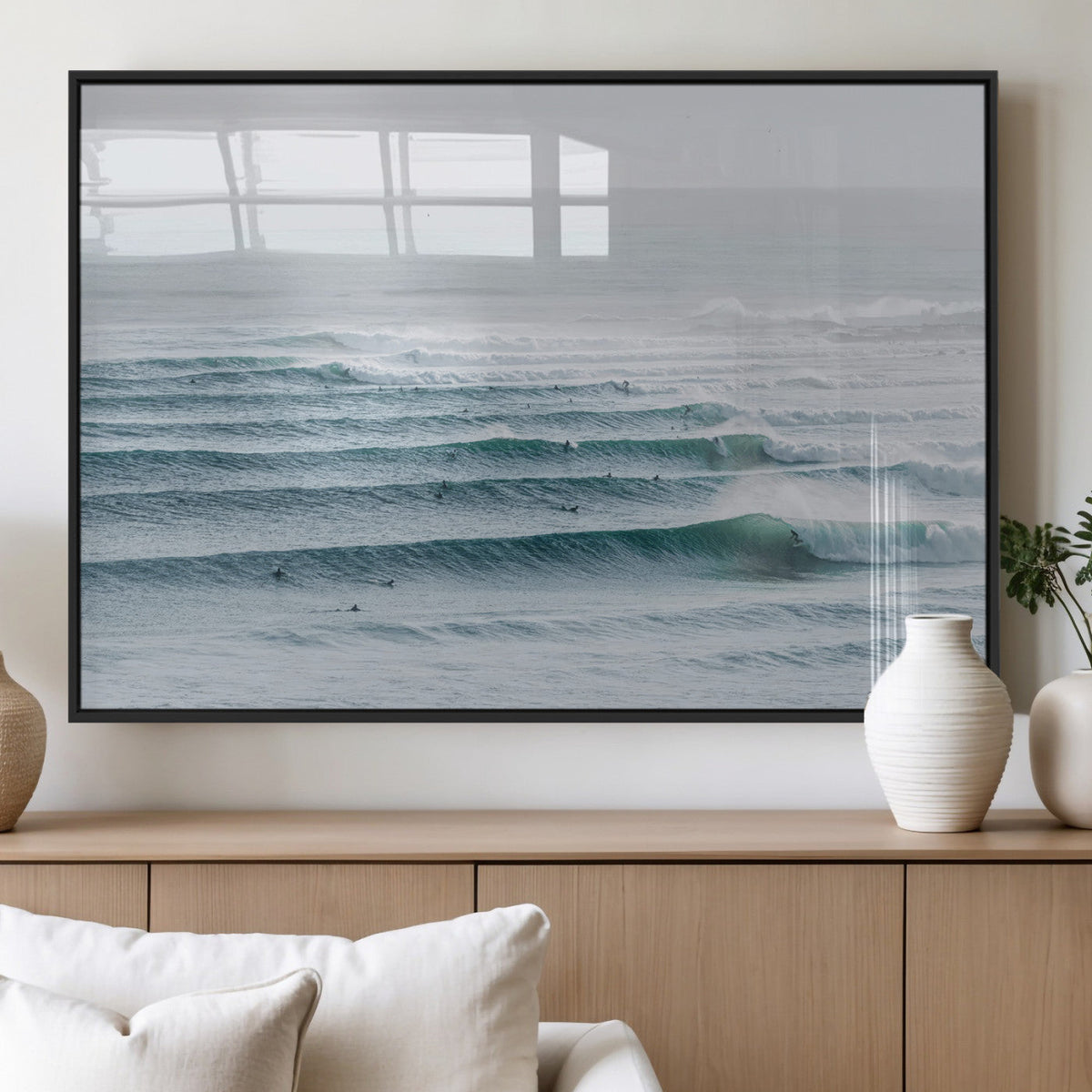 Ocean Waves Wall Art Canvas Print, Framed Surfer Lineup on a Crowded Ocean