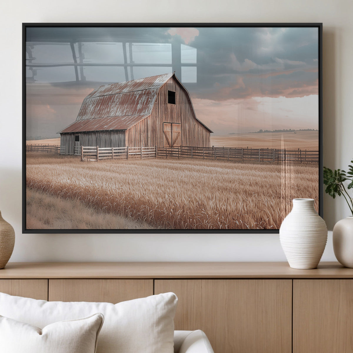 Rustic Barn Wall Art Canvas Print, Framed Wheat Field Scene