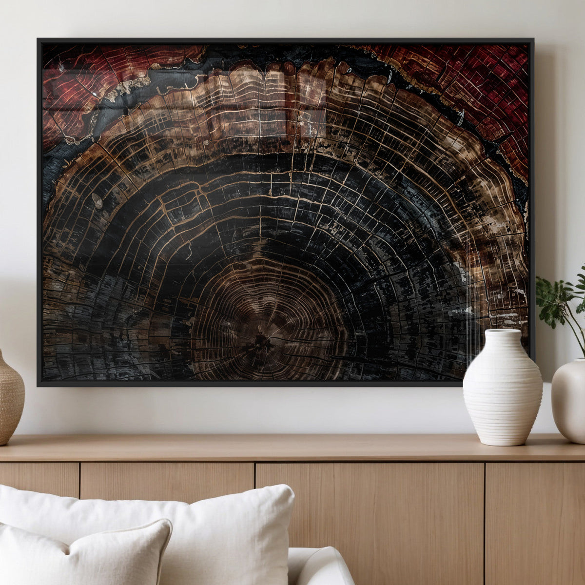 Dark Wood Ring Wall Art Canvas Print, Framed Abstract Tree Slice Print, Rustic Wood Grain Decor