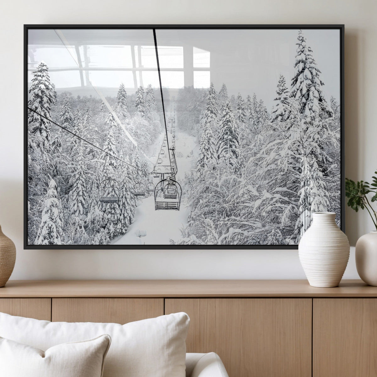 Snowy Ski Lift Wall Art | Framed Winter Mountain Canvas