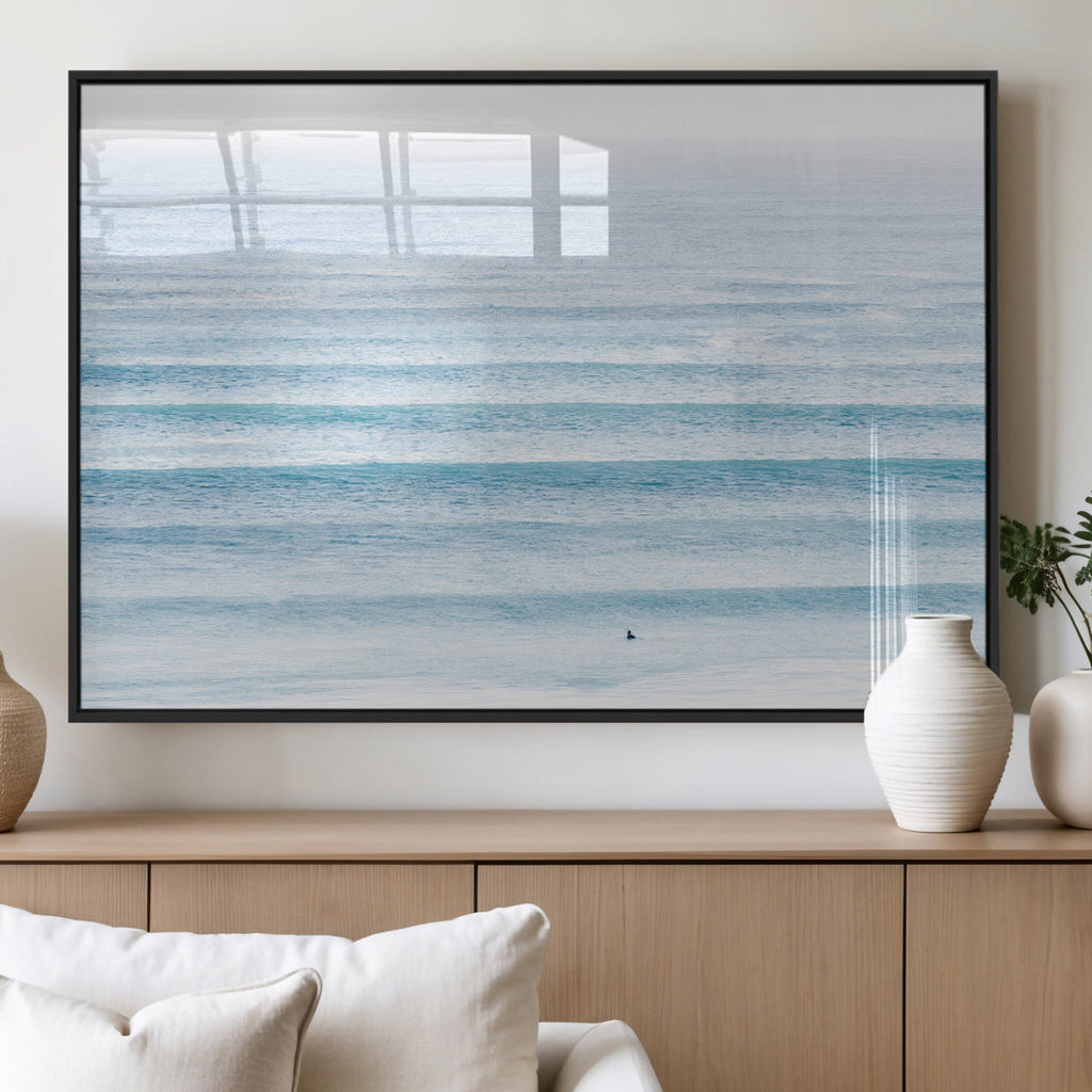 Ocean Wave Surfer Wall Art | Framed Minimal Seascape Canvas