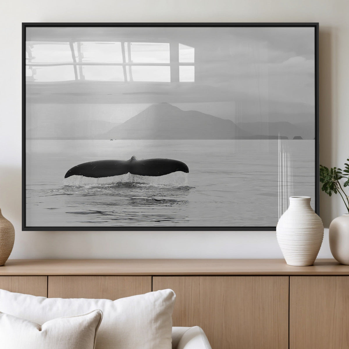 Whale Tail Wall Art | Framed Black White Ocean Canvas