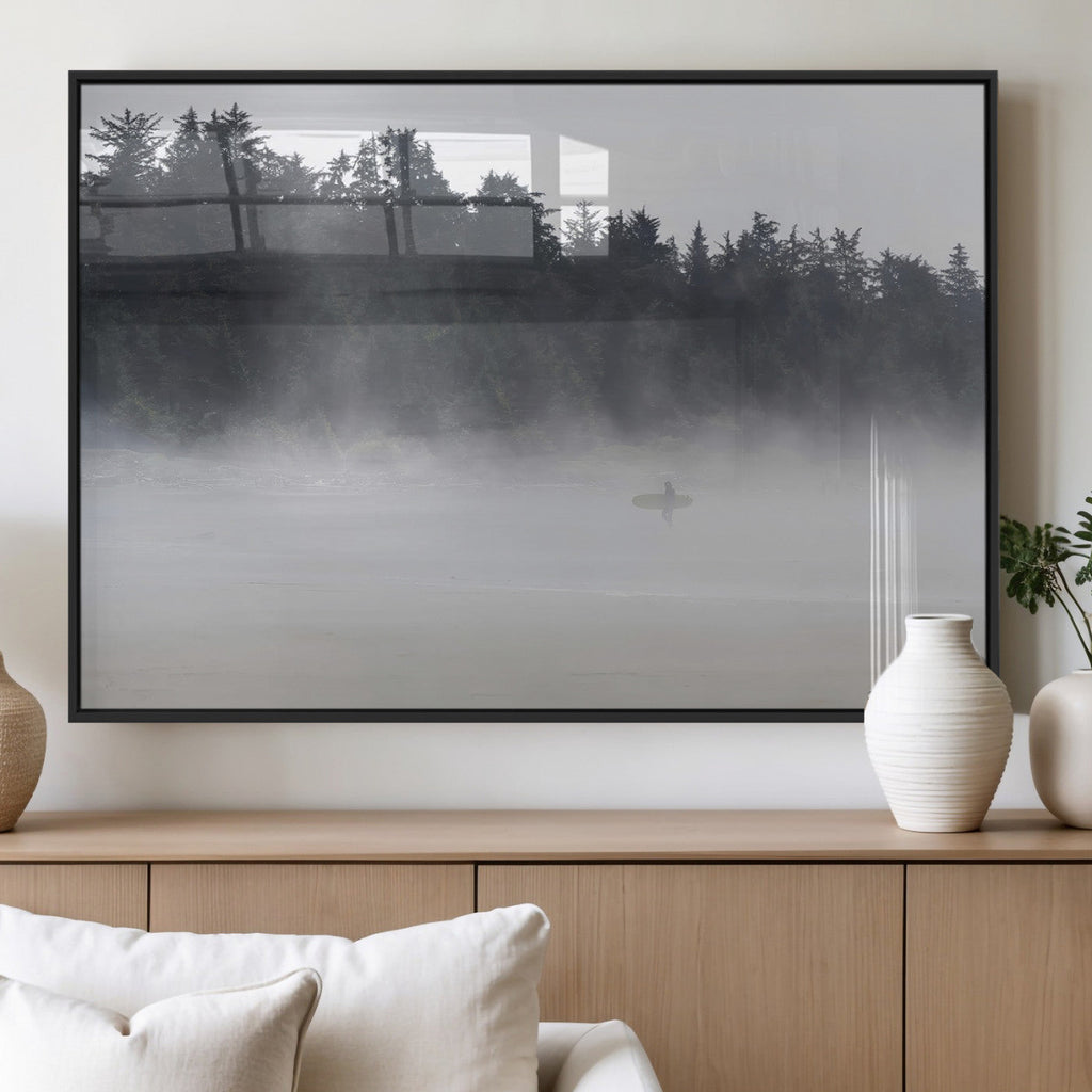 Surfer Fog Wall Art Canvas Print, Framed Foggy Beach and Coastal Surf Scene
