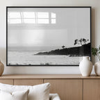 Surfer Cliffs Wall Art Canvas Print, Framed Black White Beach and Ocean Waves
