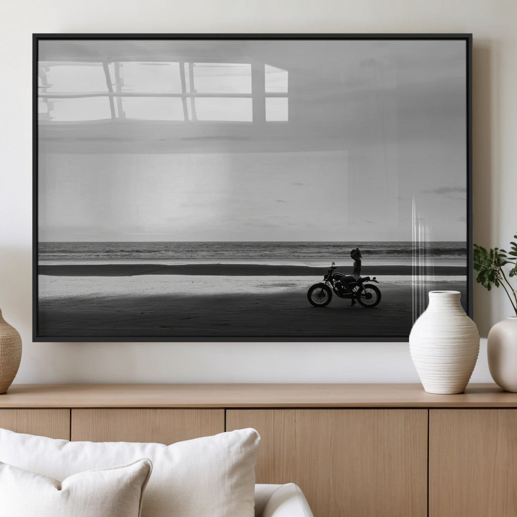Motorcycle Beach Wall Art Canvas Print, Framed Vintage Motorcycle and Biker Silhouette