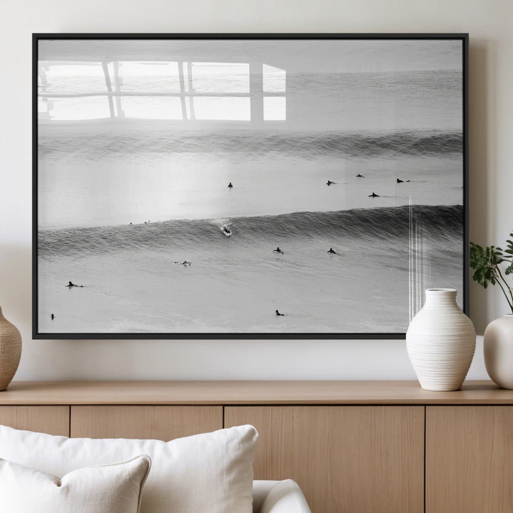 Black White Ocean Wall Art Canvas Print, Framed Coastal Sport and Ocean Swimmers Scene