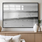 Black White Ocean Wall Art Canvas Print, Framed Coastal Sport and Ocean Swimmers Scene