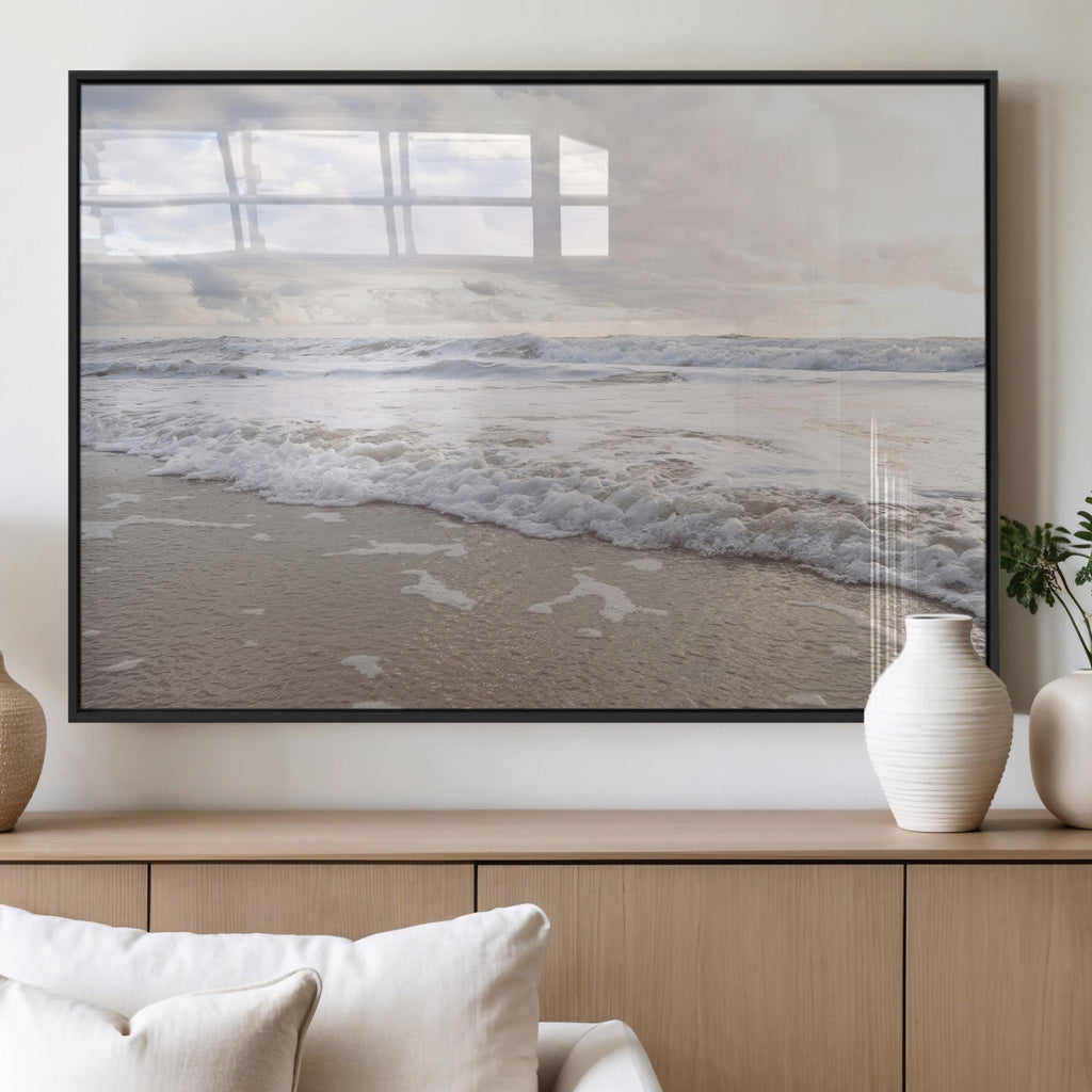 Ocean Waves Wall Art Canvas Print, Framed Coastal Shoreline Sea Foam Artwork
