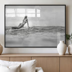 Black and White Surfing Wall Art Canvas Print, Framed Ocean Horizon Surfer Girl
