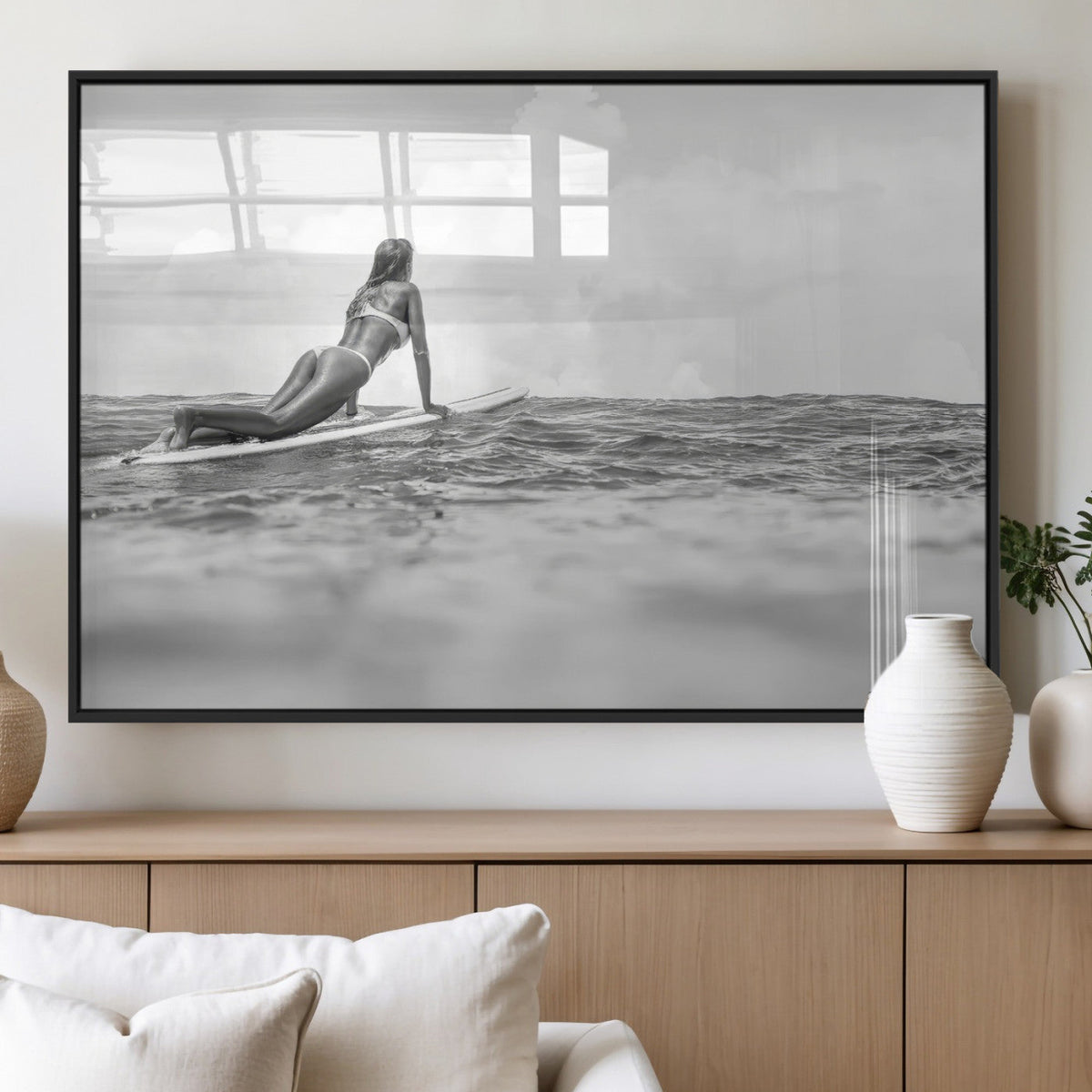 Black and White Surfing Wall Art Canvas Print, Framed Ocean Horizon Surfer Girl