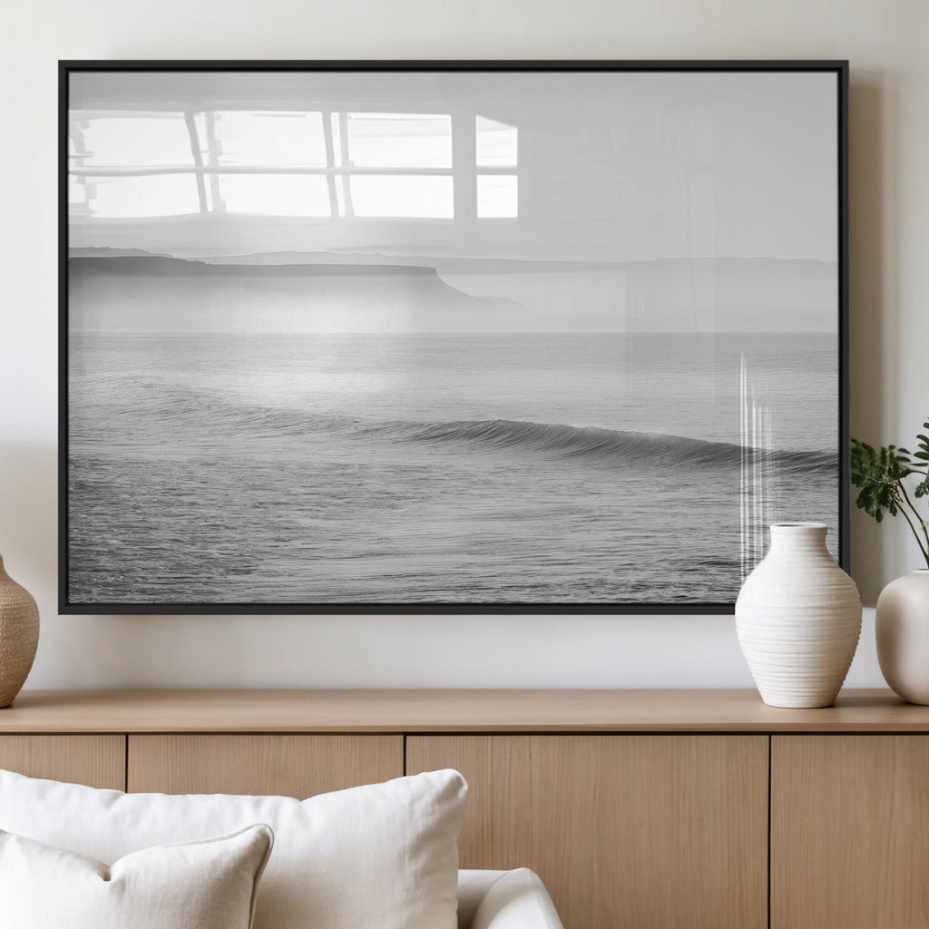 Black and White Seascape Wall Art Canvas Print, Framed Misty Ocean Waves