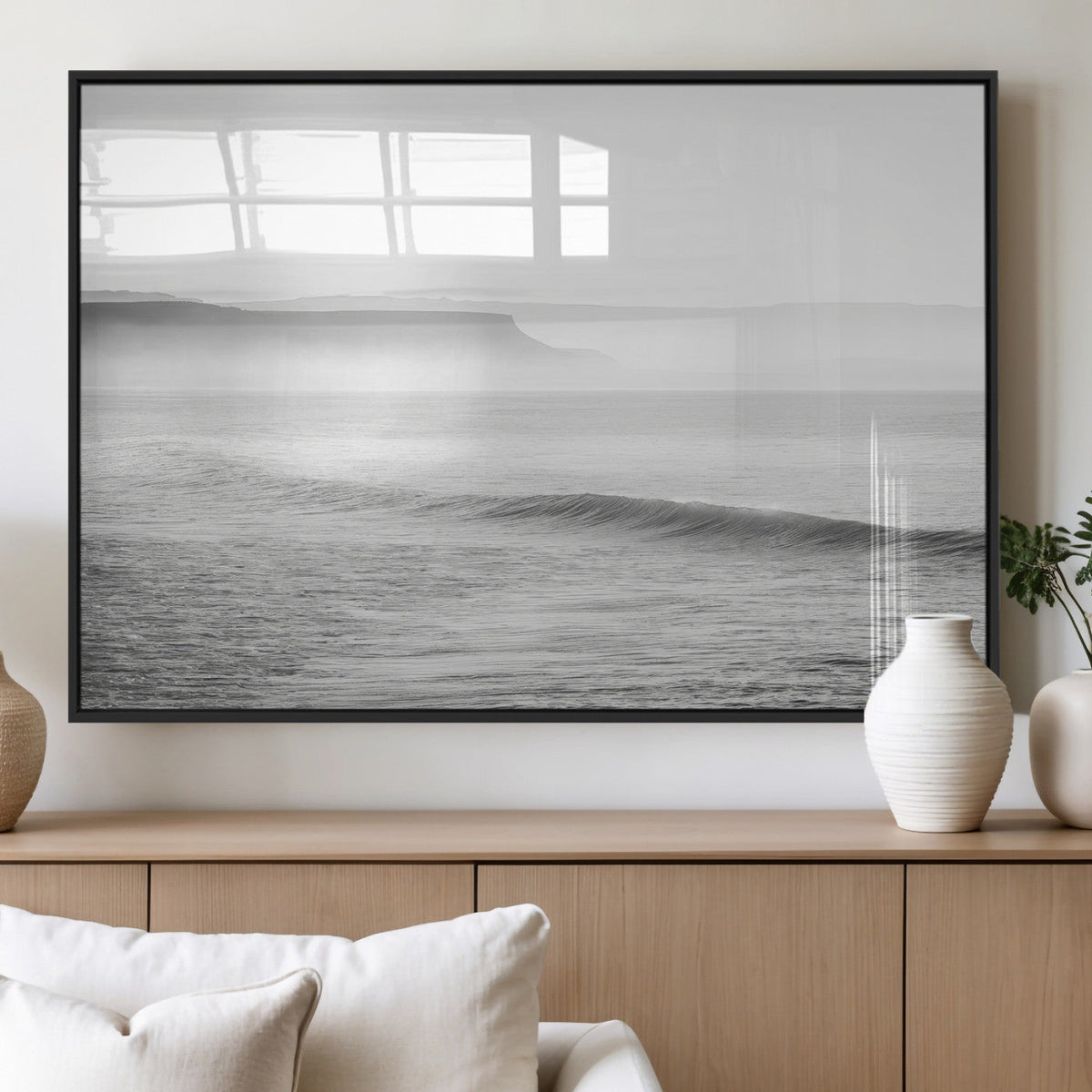 Black and White Seascape Wall Art Canvas Print, Framed Misty Ocean Waves