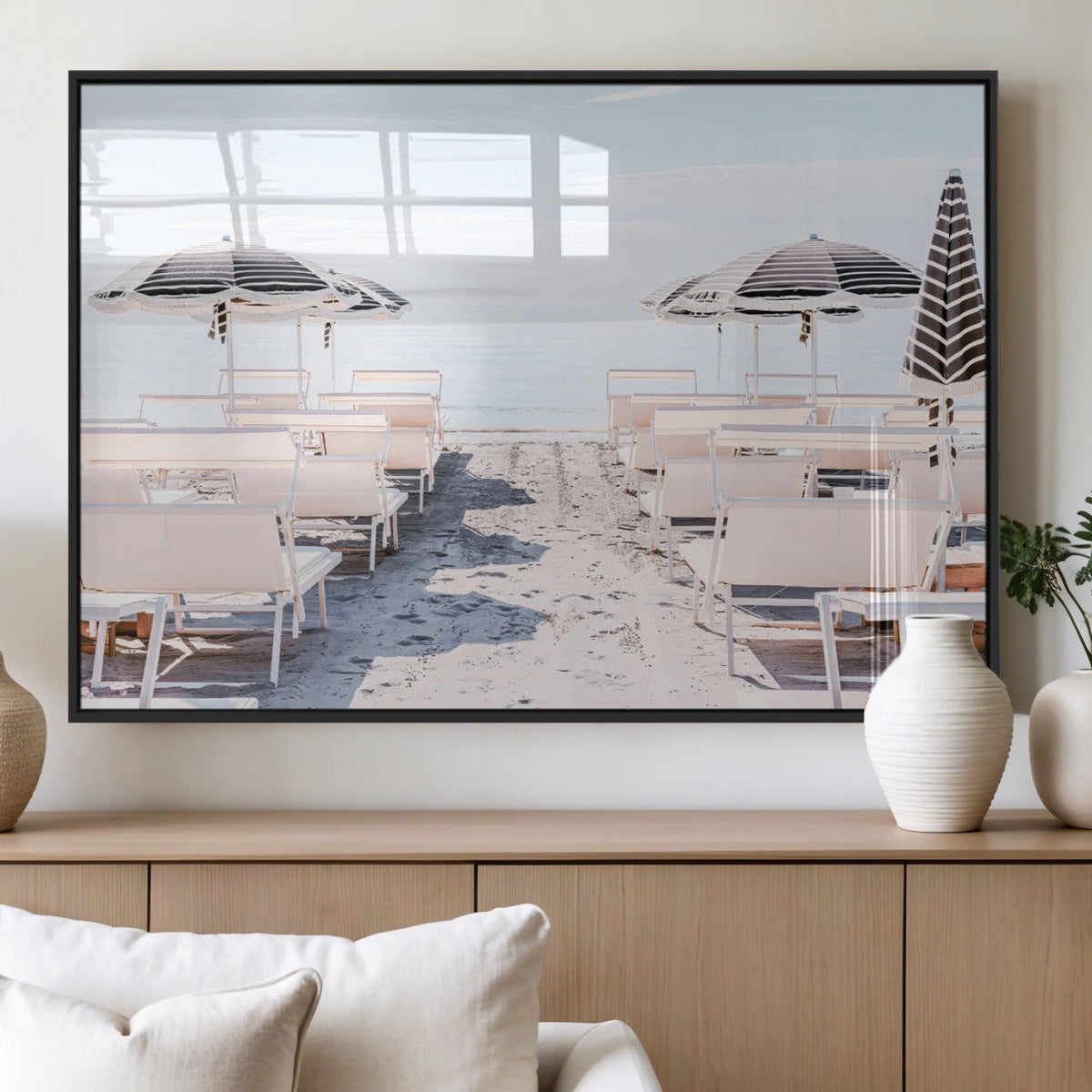 Minimalist Beach Wall Art Canvas Print, Framed Pastel Sand and Striped Umbrella Artwork