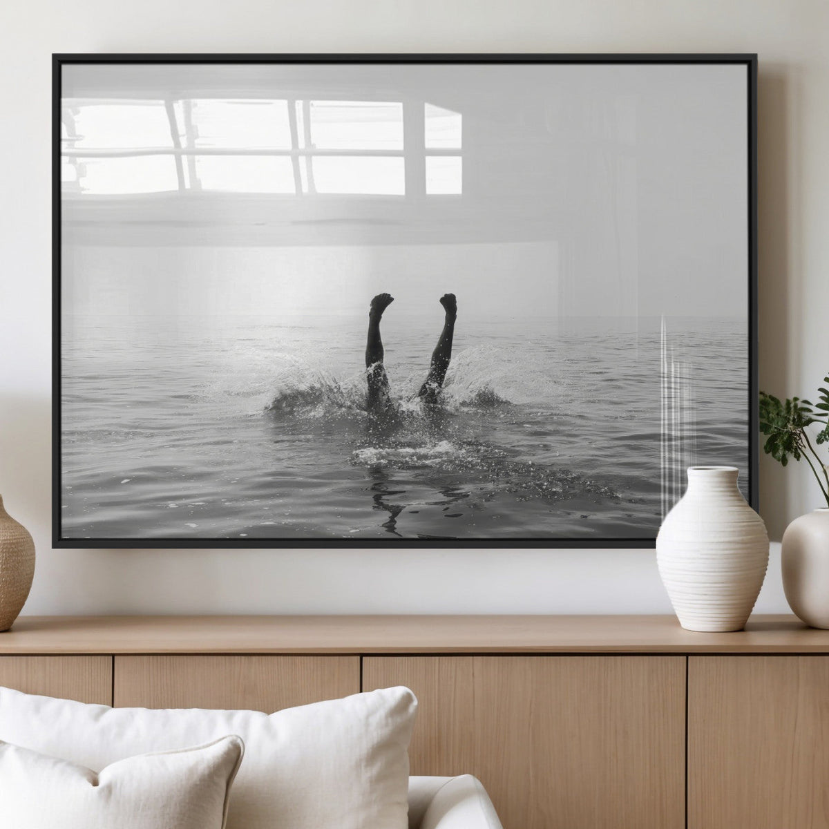 Black White Ocean Wall Art Canvas Print, Framed Monochrome Diving into Water Artwork
