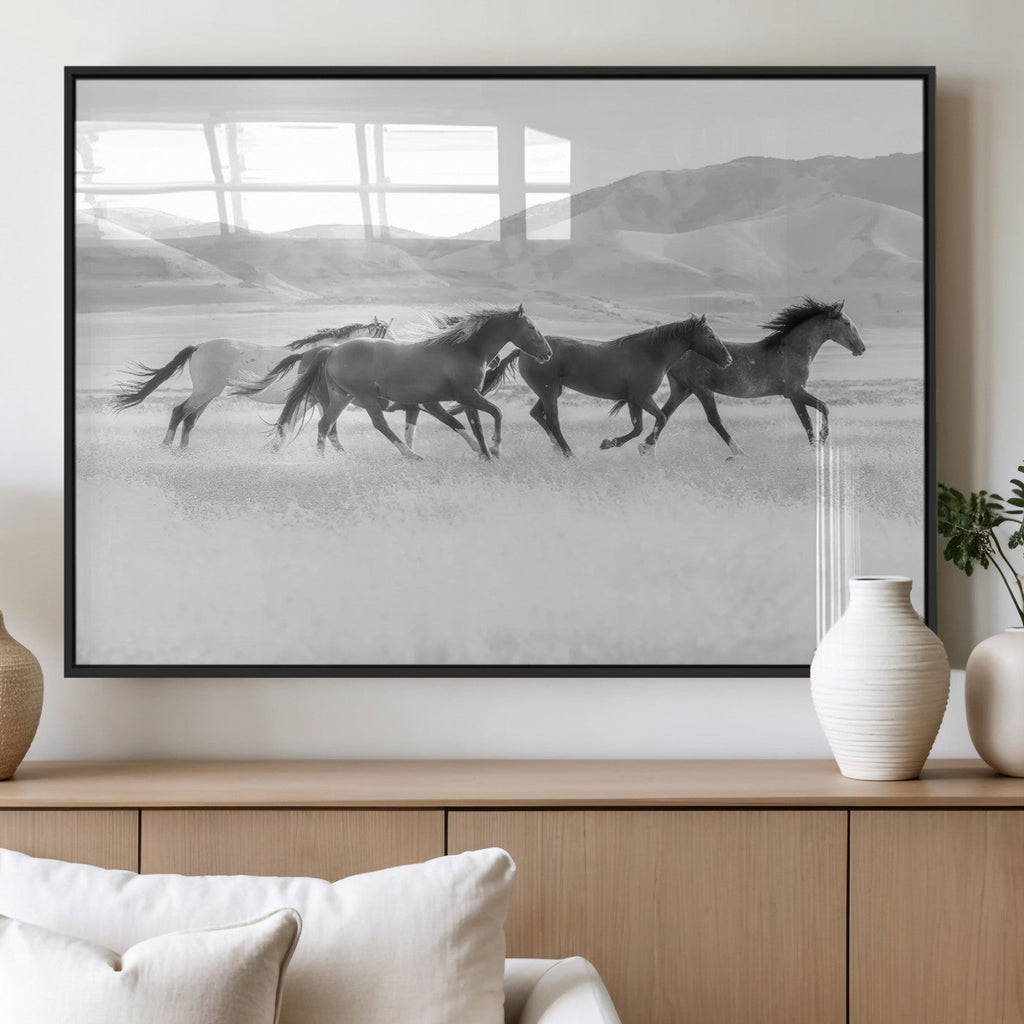 Wild Horses Running Wall Art Canvas Print, Framed Black White Mustangs Artwork