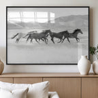Wild Horses Running Wall Art Canvas Print, Framed Black White Mustangs Artwork