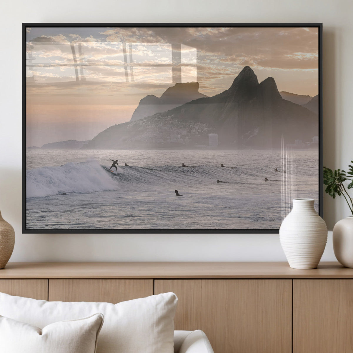 Sunset Surfing Wall Art Canvas Print, Framed Misty Mountains and Surfer Riding a Wave