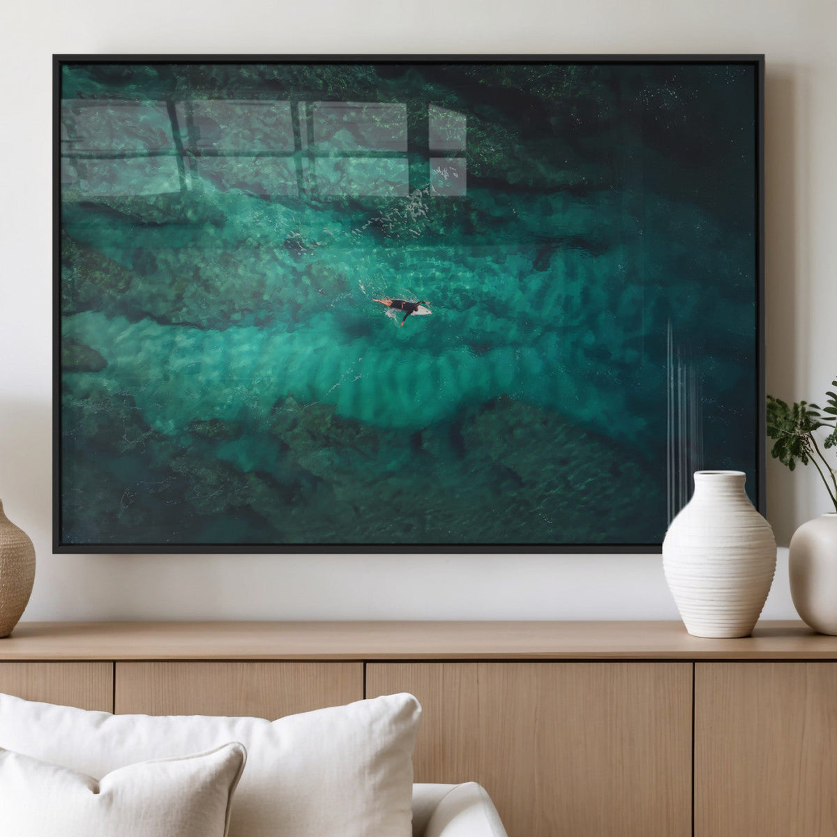 Ocean Surf Wall Art Canvas Print, Framed Vibrant Blue Waters Seascape Artwork