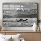 Wild Horses Wall Art | Framed Black White Mountain Canvas