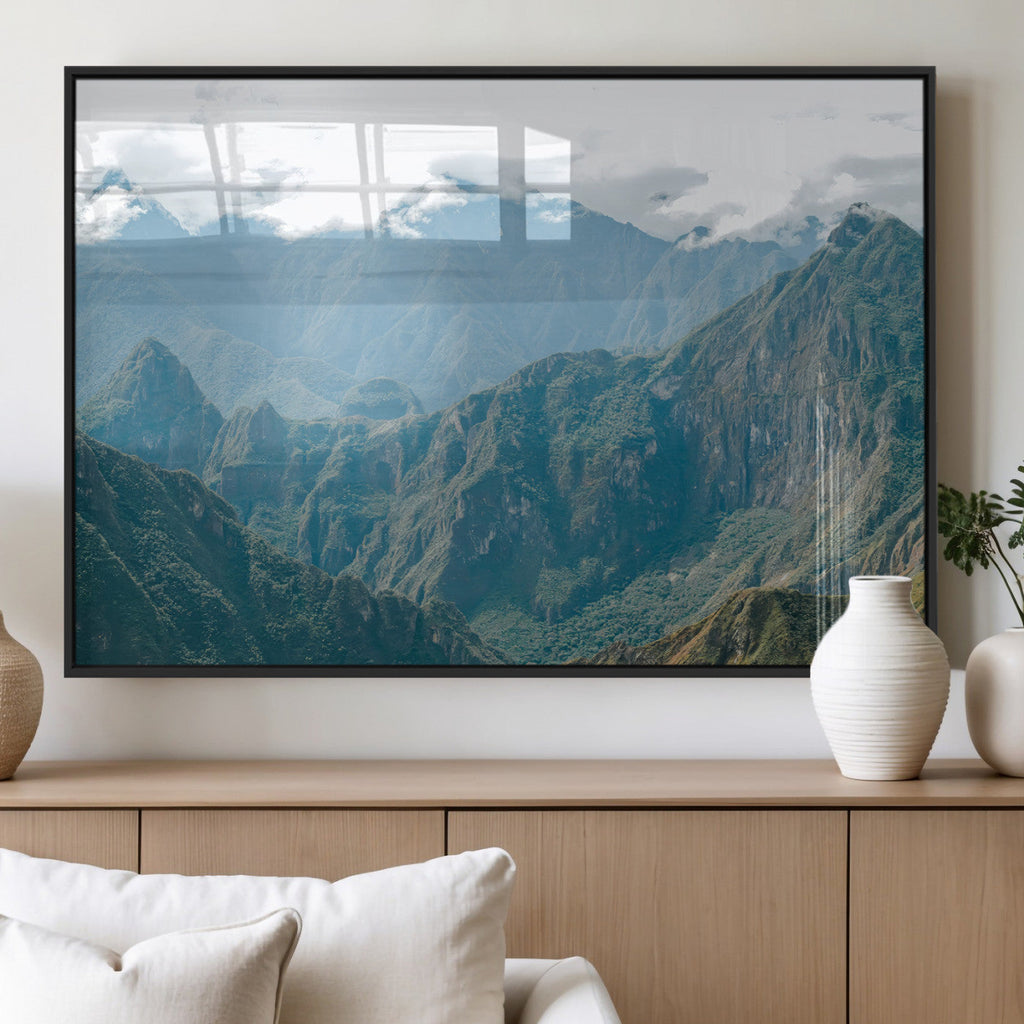 Misty Mountain Wall Art Canvas Print, Framed Cloudy Andean Art, Rugged Mountain Landscape