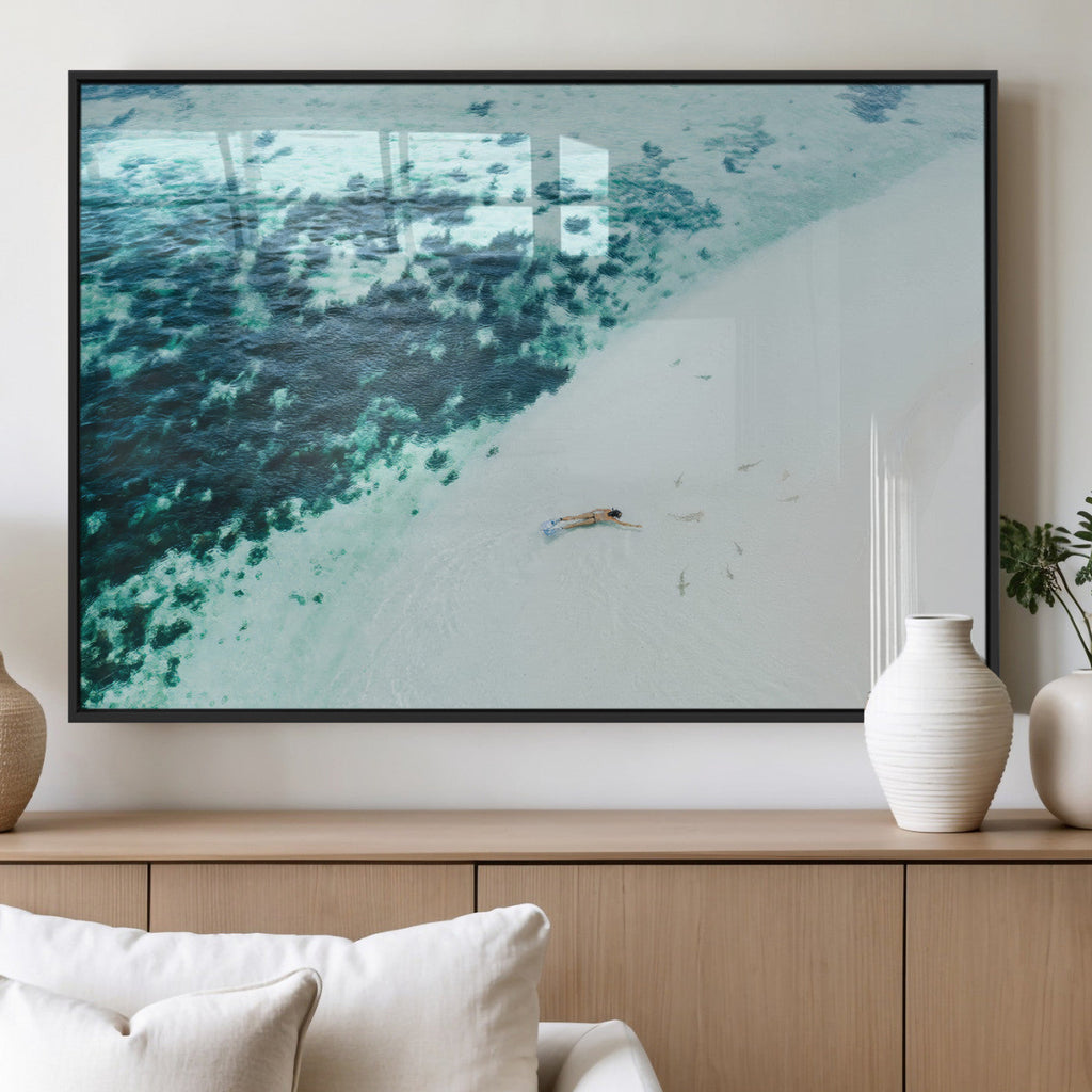 Minimal Beach Wall Art Canvas Print, Framed Ocean Swimming Art, Clear Ocean Decor
