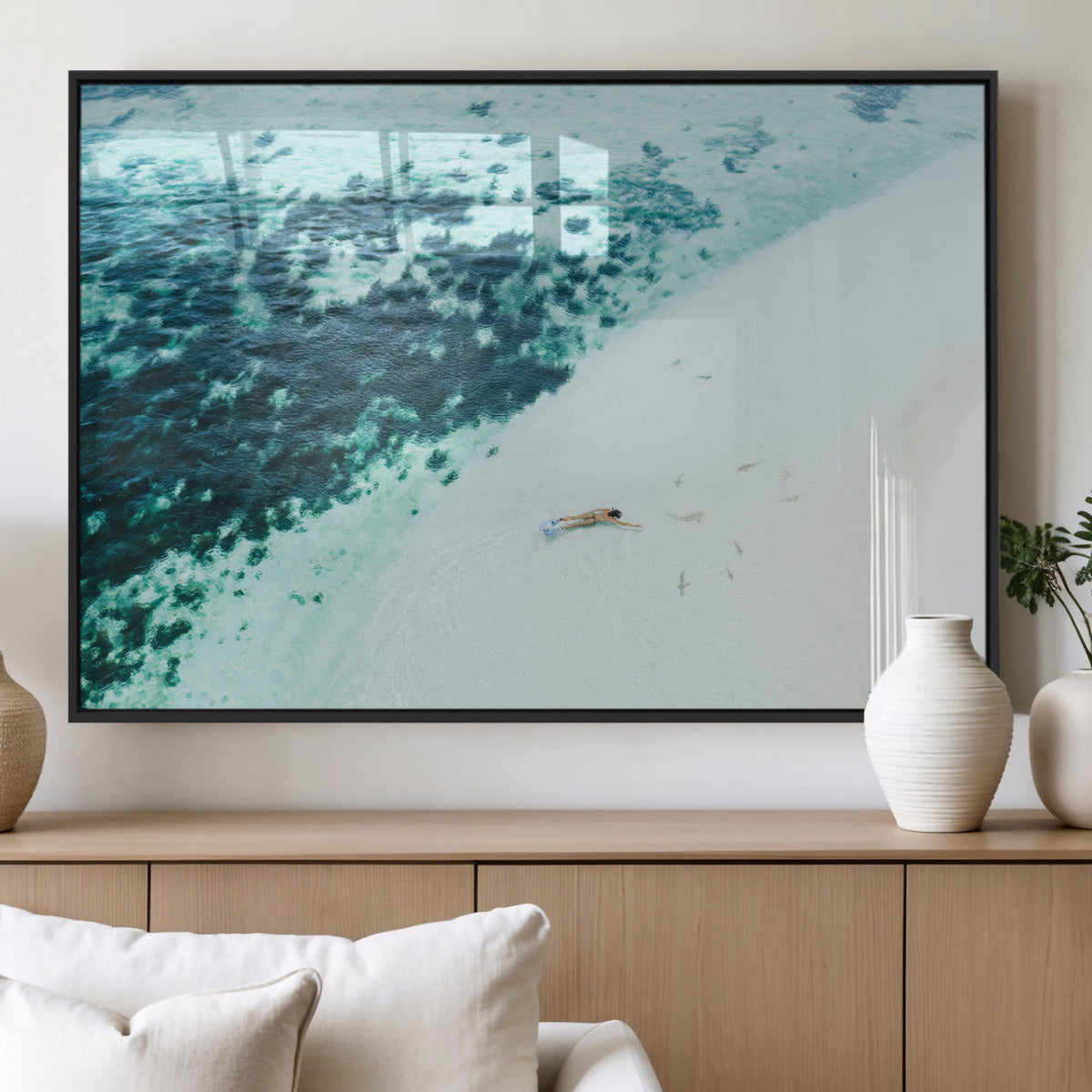 Minimal Beach Wall Art Canvas Print, Framed Ocean Swimming Art, Clear Ocean Decor