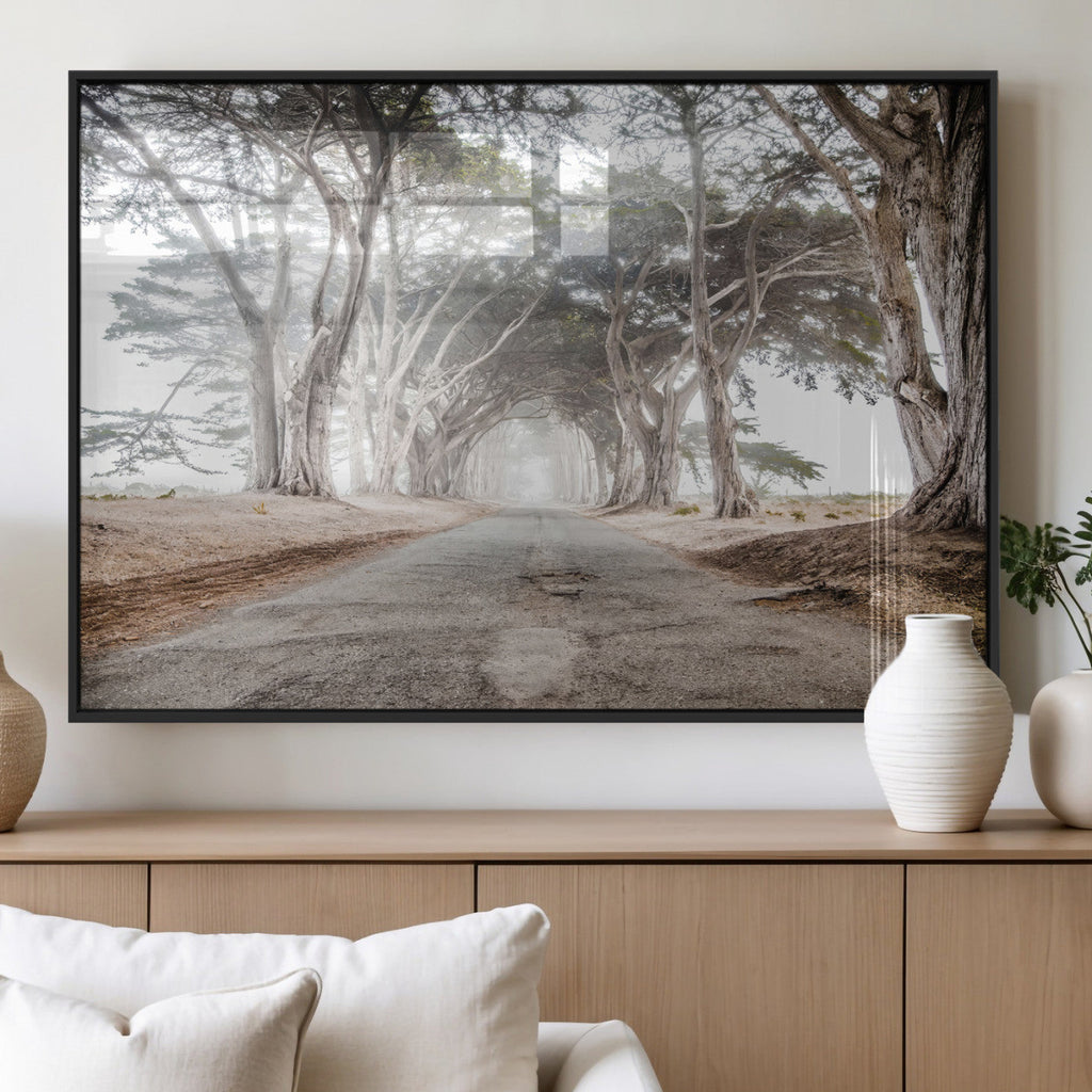 Cypress Tunnel Wall Art | Framed Misty Road Canvas Artwork
