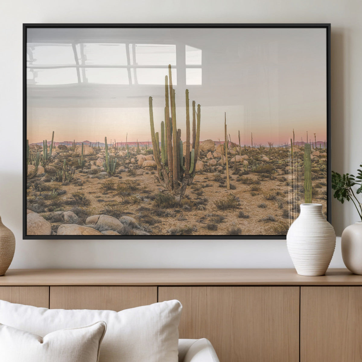 Desert Cactus Wall Art Canvas Print, Framed Baja Desert Art, Pastel Southwestern Decor