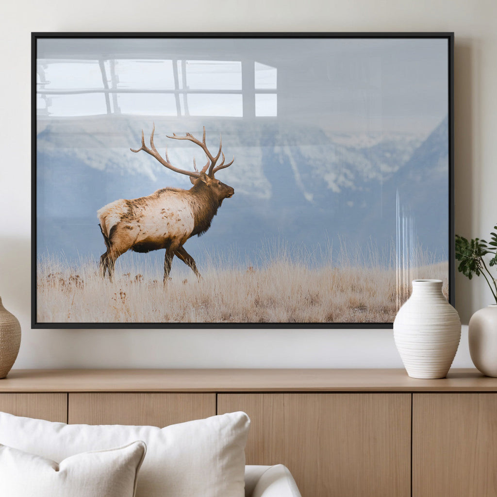 Elk Photography Wall Art Canvas Print, Framed Mountain Wildlife Art, Rustic Lodge Decor