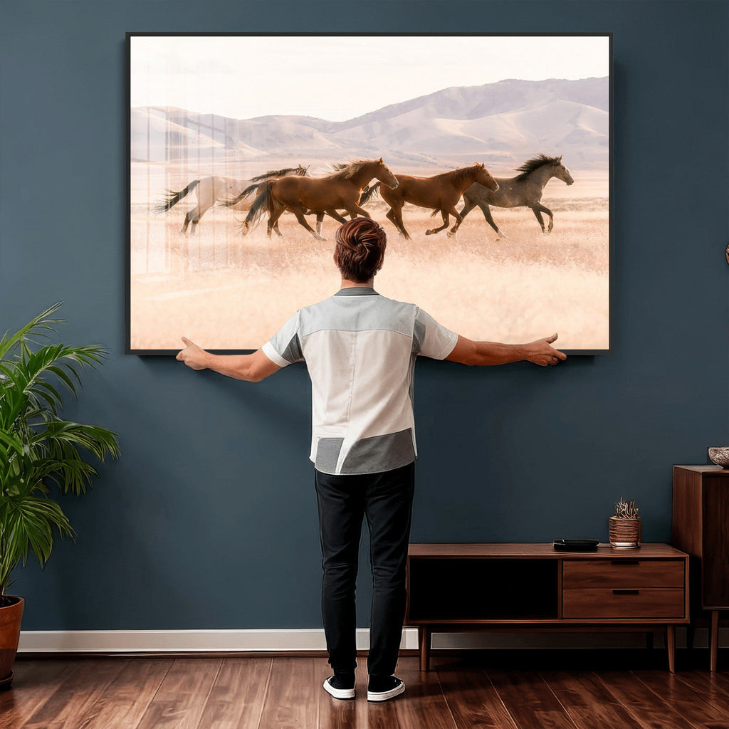 Wild Horse Wall Art Canvas Print, Framed Rustic Western Art, Desert Horse Scene