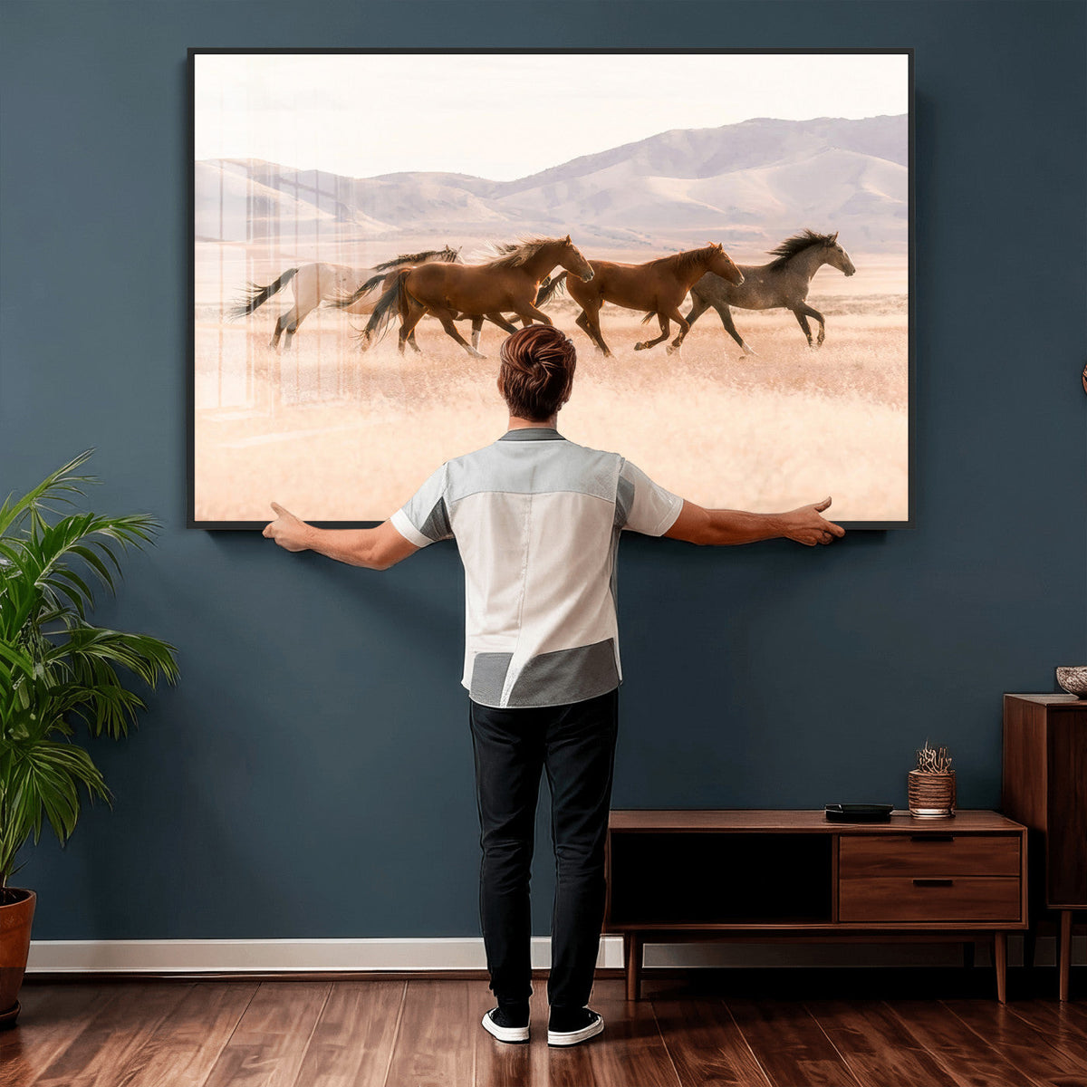 Wild Horse Wall Art Canvas Print, Framed Rustic Western Art, Desert Horse Scene