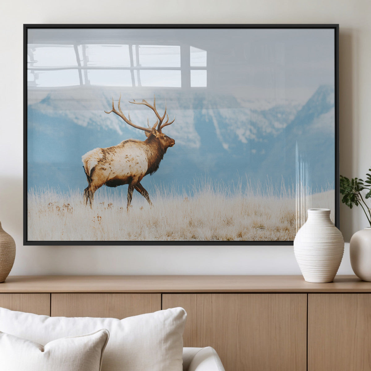 Mountain Elk Wall Art Canvas Print, Framed Rustic Wildlife Art, Lodge Style Decor
