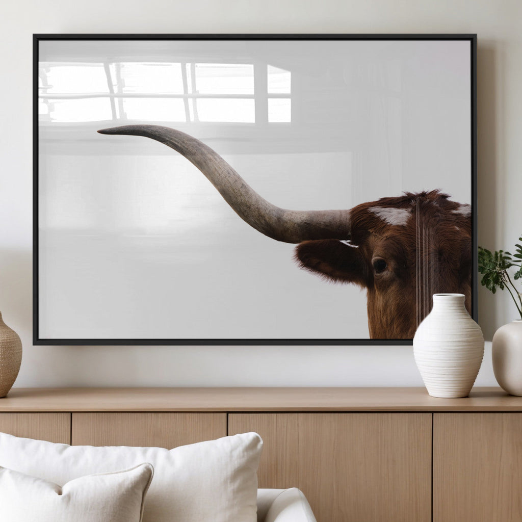Texas Longhorn Wall Art Canvas Print, Framed Minimalist Cow Art, Ranch Style Decor