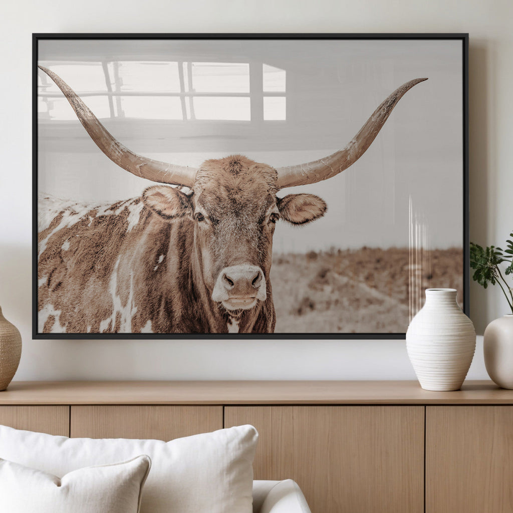 Longhorn Cow Wall Art Canvas Print, Framed Texas Ranch Print, Western Bull Art, Cowboy Decor