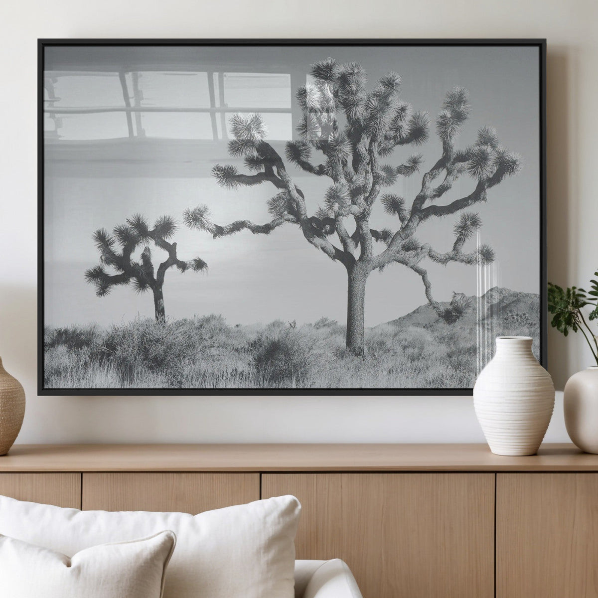 Joshua Tree Wall Art Canvas Print, Framed Black and White Desert Landscape Artwork