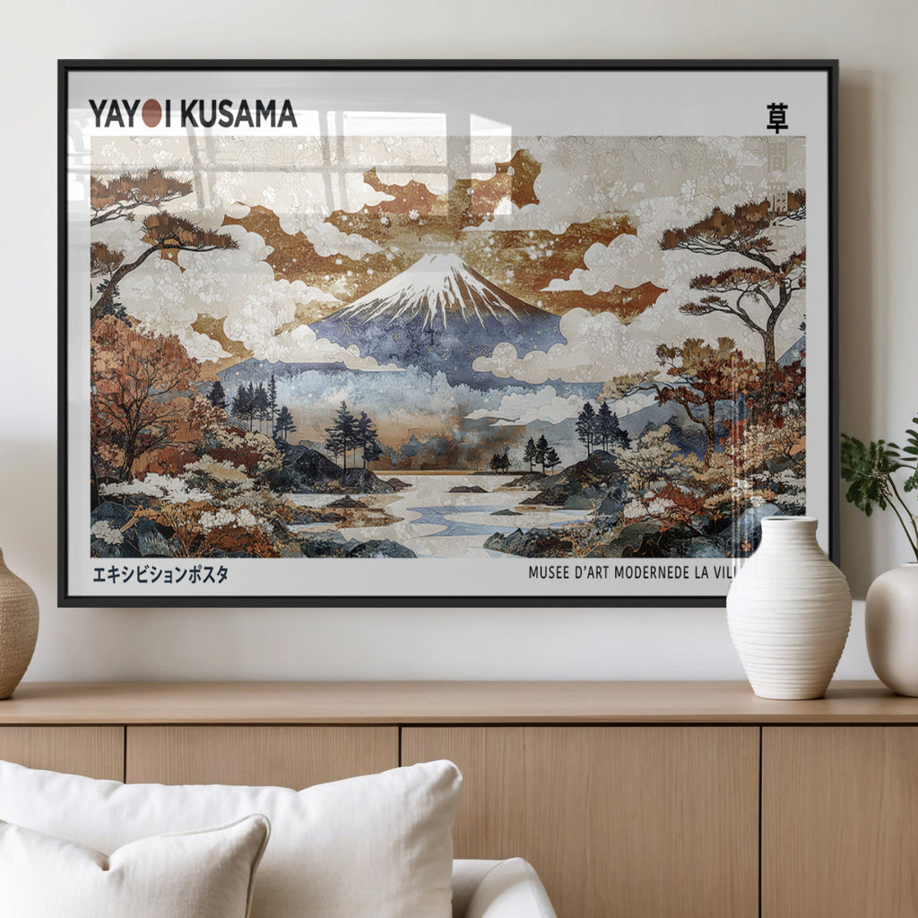 Modern Japanese Mount Fuji Canvas Art Print, Yayoi Kusama Wall Art, Framed Abstract Japanese Landscape