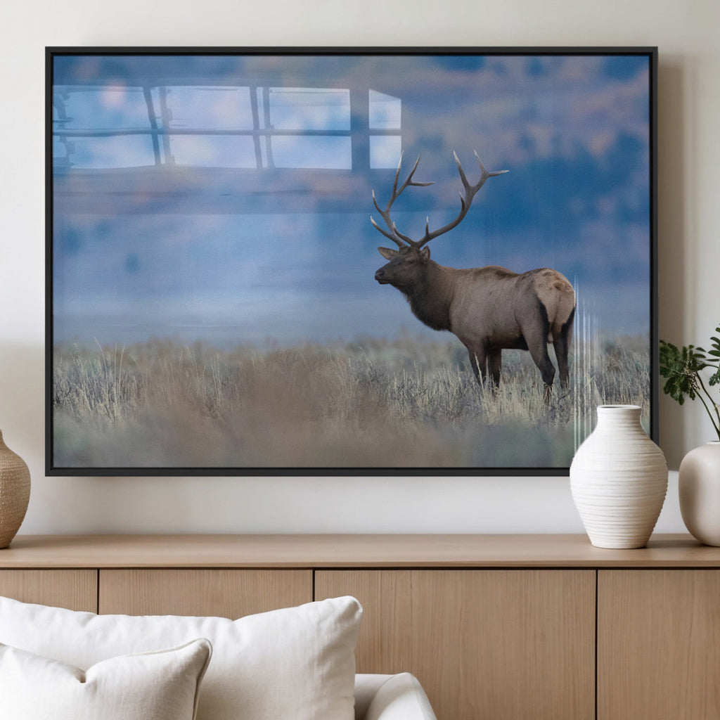 Elk Wall Decor Canvas Print, Framed Rustic Wildlife Art, Mountain Elk Landscape