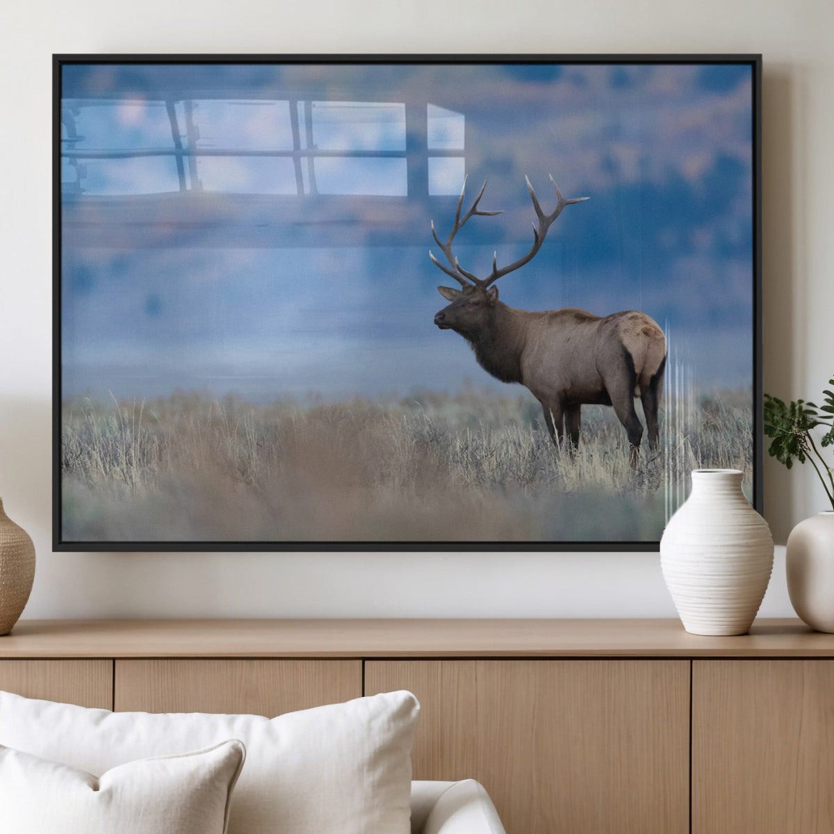 Elk Wall Decor Canvas Print, Framed Rustic Wildlife Art, Mountain Elk Landscape