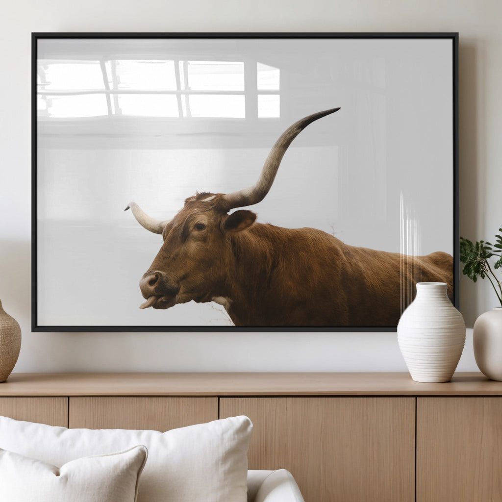 Longhorn Cow Wall Art Canvas Print, Framed Rustic Texas Bull Animal Decor
