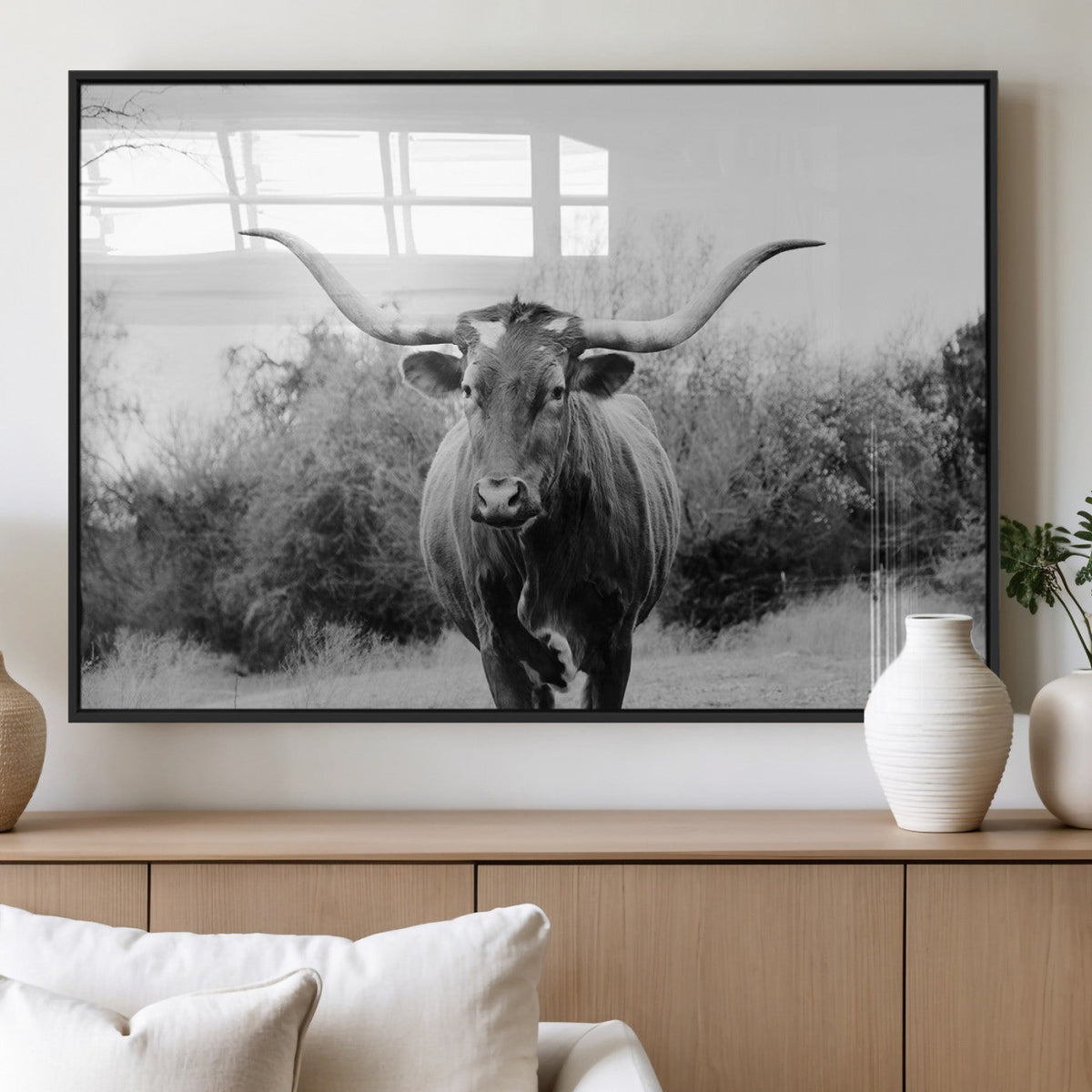 Longhorn Photography Wall Art Canvas Print, Framed Western Cow Texas Ranch Decor
